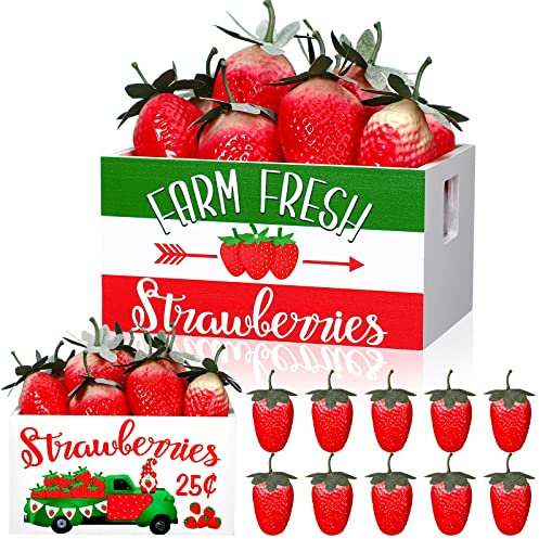 Zitronen-Dekoration, Mini-Holzkiste, Sommer-Etagen-Tablett mit 8 künstlichen Zitronen, Strand, Holzkiste, Dekor mit Muschel, Erdbeere, Sommertischdekoration für Küchendekoration (Erdbeer-Stil)