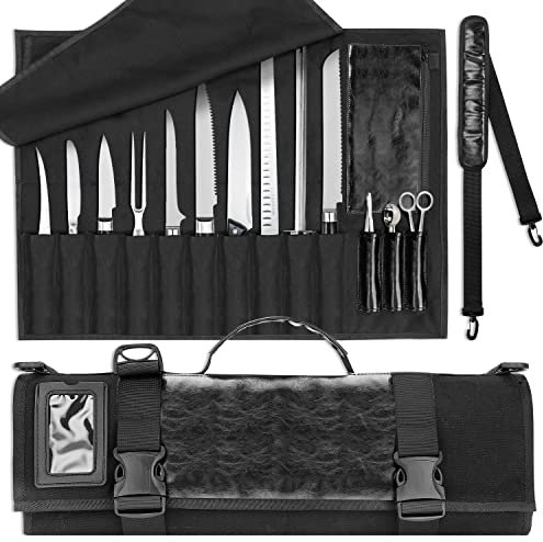 SWISSELITE Chef Knife Roll Bag, Heavy Duty Canvas & Leather Chef Knife Bag, 10 Slots for Knives with Detachable Storage Bag