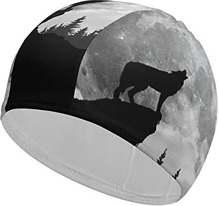 Cuffia da nuoto divertente con motivo luna lupo per adulti cuffia da nuoto per uomo donna capelli lunghi e corti