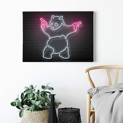 A.S. Création Leinwandbild Panda Neon LED Schild - Kunstdruck rosa schwarz - 70x50 cm Querformat - moderne Wanddekoration Schlafzimmer Wohnzimmer Küche - Bild auf Keilrahmen