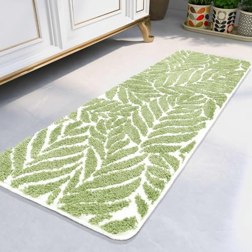 homantic Badteppich-Läufer, Lange Badematte für Badezimmer, rutschfest, wasserabsorbierend, Langer Badezimmerteppich für Waschbecken, Badewanne, Blätter, 45x 120 cm, Salbeigrün