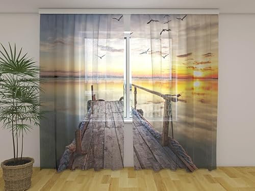 Wellmira Fotogardine: Möven über dem Anlegesteg, Vorhang mit Fotodruck, Gardine mit Bildmotiv, Maßanfertigung, Material (Transparent (Chiffon))