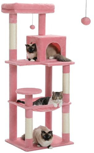 PAWZ Road Katzenbaum mit Metall-Plüsch-Hängematte, Katzenturm mit 2 Condo-Haus, 6-stufige, großer oberer Sitzstange rosa 143cm