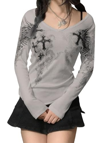 YILEEGOO Women Y2K Long Sleeve Tops T Shirt Gothic Cross Wings Print Patchwork V Neck Basic Tops Shirt Vintage Fairy Grunge Streewear (z1 Grey, XL)