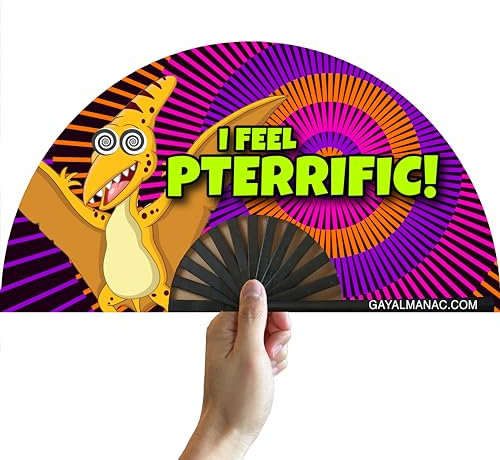 PandaTak Gay Pride Folding Hand Fans, Funny Large 13 Bamboo Fan with UV Reactive Ink, for LGBTQ Circuit Parties EDM Festivals and Raves (Pterrific)