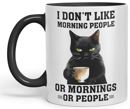 Vixar I Don't Like Mornings People cat Cats Sarcastic Joke Ceramic Coloured Mug Cup for Tea Coffee Hot Brew 330ml 11Oz (Black)
