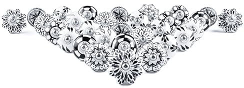RAJRANG Hand Painted Ceramic Drawer Knobs Set of 30 for Cabinet Dresser Furniture Black and White Floral Design