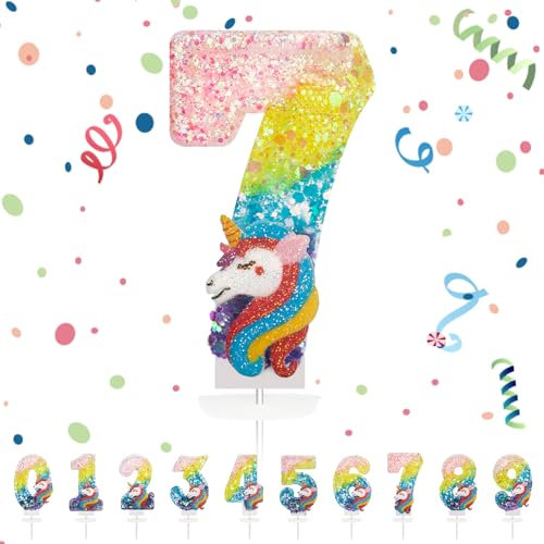 Geburtstagskerzen Zahlen 7,3D Regenbogen Einhorn Geburtstagskerzen,Kerzen Geburtstag Zahl 7, Kuchen Topper Dekoration Kuchendeko Geburtstag, Geburtstagskerzen für Geburtstagsdeko Mädchen Jungen