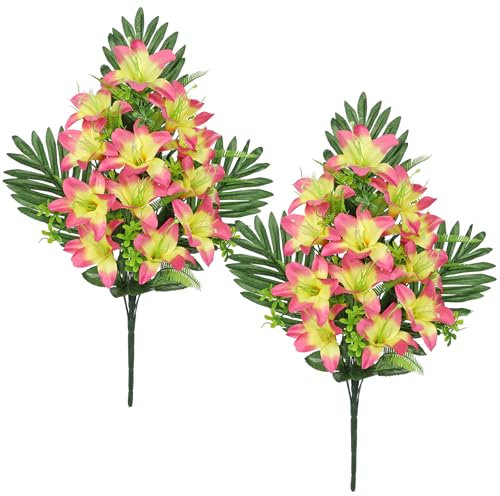 Oairse Lot de 2 fleurs artificielles pour tombe, bouquet de fleurs de lys artificielles jaunes et roses, fleurs commémoratives pour flore, cimetière, décoration de tombe