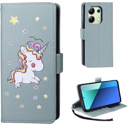 Auslbin Hülle für Xiaomi Redmi Note 13 4G 6.67, Schutzhülle im Cartoon Einhorn Stil für Note 13 4G/ 23129RAA4G PU Ständer Handyhülle, Blau