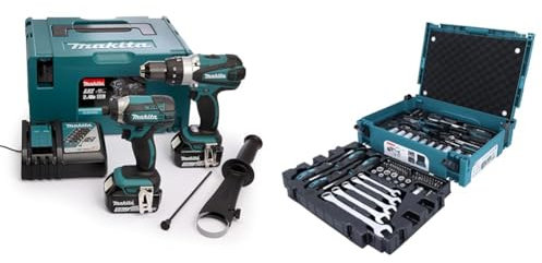 Makita DLX2145TJ 18V Li-ion LXT 2 Piece Combo Kit comprising DHP458Z and DTD152Z & E-11542 87 Piece Mechanics Set supplied in a Makpac Case