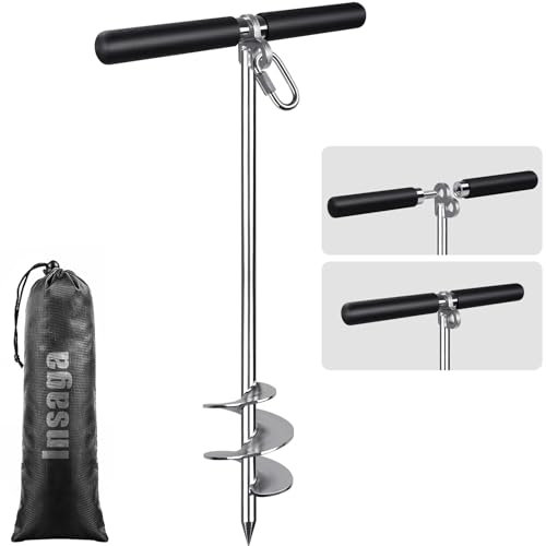 Insaga Ground Anchor, Heavy Duty Dog Lead Stake Screw Earth Peg Strong Storm Spiral Spike for Large Medium Dog/Garden/Yard/Camping/Boat/Trampoline/Tent/Shed with Carabiner&Removable Handle, 66cm