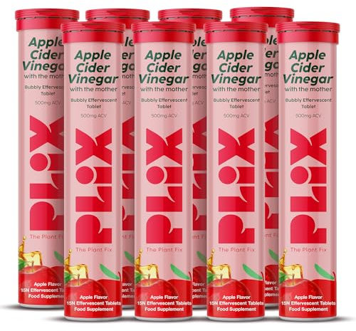 PLIX - The Plant FIX Apple Cider Vinegar 120 Effervescent Tablet, ACV with Mother for Weight Loss and Easy Digestion, Vitamin B6 & B12, Pack of 8 (Apple), 100% Vegan, Easy to Carry & Consume