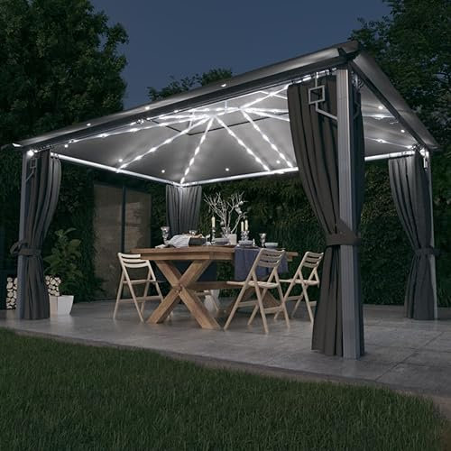 Homgoday Pavillon mit Vorhängen und LED-Lichtern, 400 x 300 cm, Anthrazit, aus Aluminium, Möbel für den Außenbereich, für Garten, Balkon, Terrasse, Gartenpavillon, faltbar,