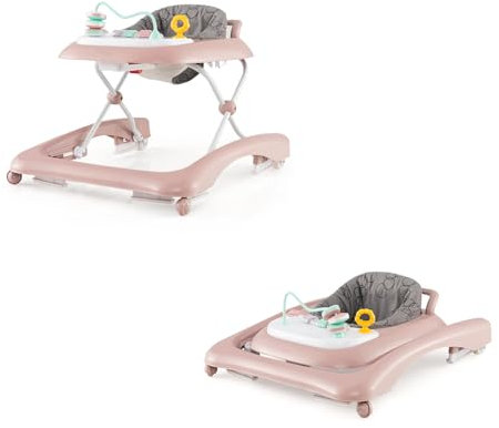 LIFEZEAL Trotteur Pliable Bébé avec Siège Réglable en 3 Hauteurs, Centre d'activités avec Roues & Poignée de Traction, Marcheur pour Enfant 6-14 mois (Rose)