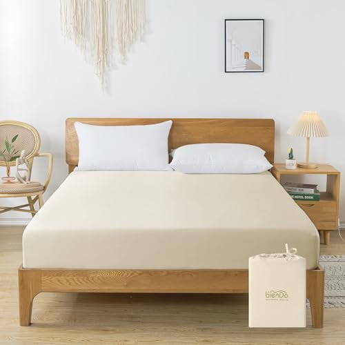 bienDo Bamboo Single bed Sheet, Vegan Silk, 400 Thread Count, 35cm Deep Fitted, Luxury Bedding Linen, Cooling, Hypoallergenic & Humidity Absorbent, Beige-Softer than Egyptian Cotton