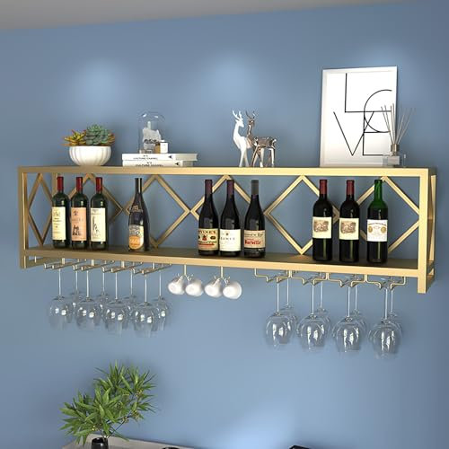 Portabottiglie da parete in metallo industriale con portabicchieri e portabicchieri moderno multifunzionale per liquori mensola 1 ripiano