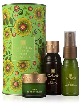 SPA CEYLON Peace Wellness Trio Set | Spa Essentials | Natural Ingredients | Ayurvedic Bath Gift Set | Lemongrass| Essential Oil | Shower Gel, Body Mist, Balm | Gift set