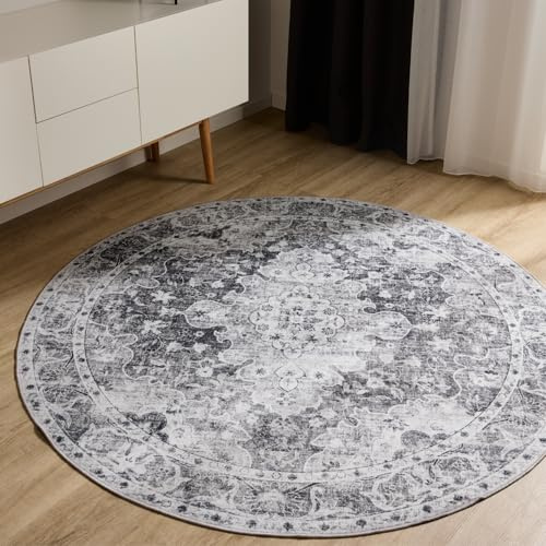 benuta Basic Waschbarer Teppich George - Anthrazit 120 cm rund - Kunstfaser - rund & im Style: Vintage, Elegant, Retro - Pflegeleicht für Wohnzimmer Schlafzimmer