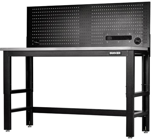 BUNKER 28097 Workbench with Stainless Steel Worktop and Power Pegboard, 1550mm