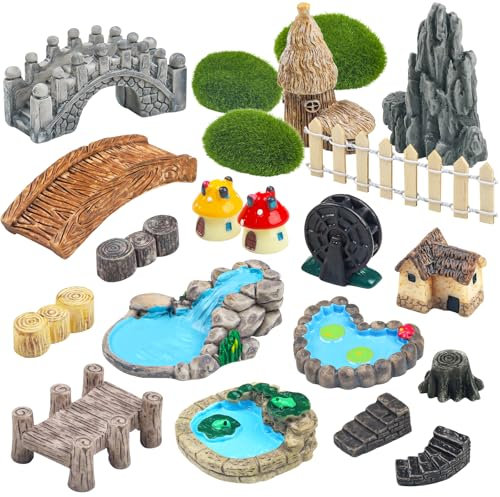 QUOZUO 21 pezzi miniature giardino fatato accessori casa ponte paesaggio pozzo d'acqua recinzione figurine stagno funghi prato ornamento da giardino per fai da te artigianato giardino decorazione