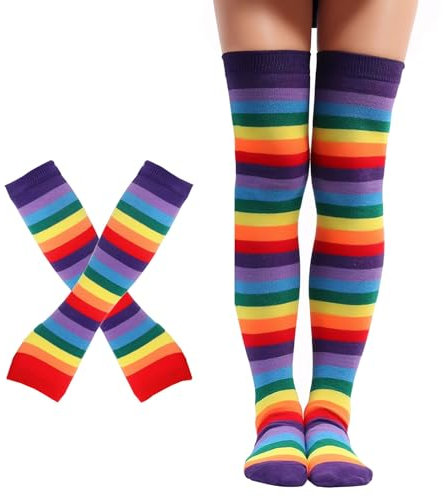 Nujvnuj Regenbogen gestreifte Strümpfe Handschuh Set - Damen Mädchen Karneval Weihnachten Party Party Requisite Set (Violett)