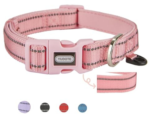 YUDOTE Reflective Adjustable Nylon Dog Collar with Reflevtive Soft Neoprene Padding for Large Sized Dogs Daily Use Pink