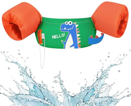 HeySplash Chaleco de Natación para Niños, Manguitos Flotantes para Nadar Piscina Flotadores de Brazos Duraderos con Banda Ajustable y Hebilla Segura para Niños de 10-20 kg, Dinosaurio Verde Naranja