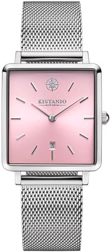 Kistanio Carre Damenuhr mit Milanaiseband Datum Edelstahl Rosa Saphirglas CAR-SI-ZRO-M