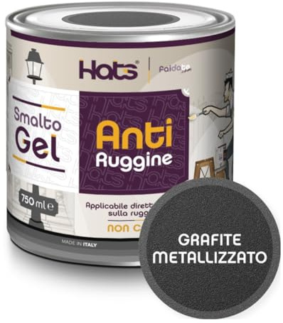 Hats - Vernice Antiruggine per ferro - Smalto Gel Antiruggine Pronto all’uso - Non Cola, Non Gocciola - Adatto per Metallo e Legno - Made in Italy (Grafite Metallizzato)