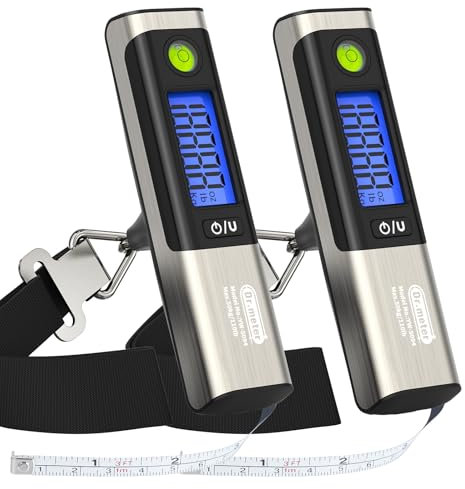 Dr.meter Digitale Kofferwaage mit Maßband, Praktische Kofferwaage digital mit Haken (50kg/110lb) 2 Stück mit LCD-Display und Überlastalarm. Integriertes Maßband für Reisen Inkl. Batterien