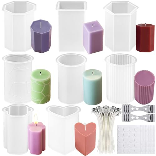 TZEKING 220PCS Moldes Velas Siliconas Set,8 Moldes de Silicona para Velas+200 Mechas+2 Soportes+10 Pegatinas,Moldes Para Velas Siliconas 3D,Moldes de Silicona para Hacer Velas,Para Hacer Velas, Etc