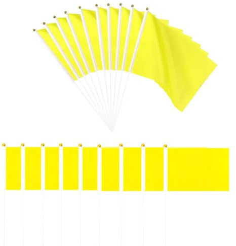 Lot de 50 mini drapeaux jaunes unis à agiter à la main - Petits drapeaux secs pour arbitre, défilé extérieur, vacances, célébration, jardin, terrasse, décoration, 14 x 21 cm