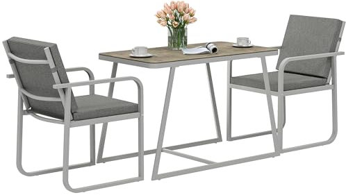 Outsunny Sitzgruppe 3-teilig Essgruppe für 2 Personen Esstisch mit 4 Stühlen Sitzkissen Esszimmergruppe mit Glastisch Küchentisch-Set Balkonmöbel Gartenmöbel für Terrasse, Balkon Esszimmer Hellgrau