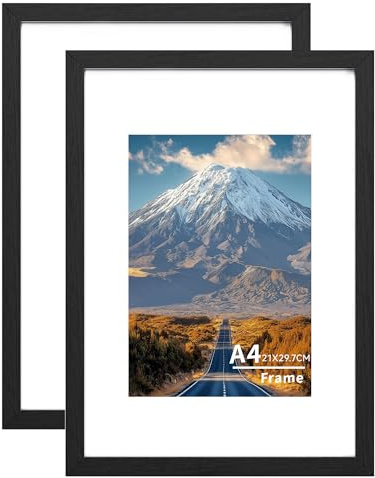 A4 Frame,A4 Wooden Picture Frame,Wall Mount or Tabletop, 21x 29.7CM Poster Frames, Photo Frame with Acrylic Glass (Not Glass), Landscape or Portrait Frame, A4 Black Frames with A5 Mount,2 Pack