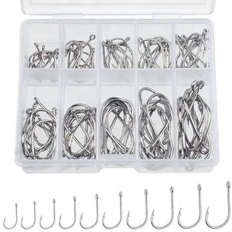 100Pcs Carbon Steel Barbed Circle Fishing Hooks Kit 10 Sizes (3#-12#) with Plastic Storage Box Fish Hooks for Saltwater and Freshwater Carp Bass Trout Fishing Accessories