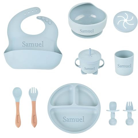 Set de Alimentación para Bebé de Silicona Personalizado con Nombre Grabado | Juego de 10 Piezas BLW Babero, Vaso, Plato Divisorio, Bol, Cuchara & Tenedor | Vajilla para Bebés y Niños