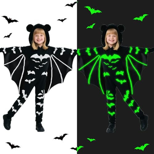 HUKUMA Costume Chauve Souris Enfant, Deguisement Halloween Garcon Fille, Lumineux Garcon Fille avec Masque et Gants, Déguisement Combinaison de Chauveouris pour Halloween, Carnaval, Cosplay Fête