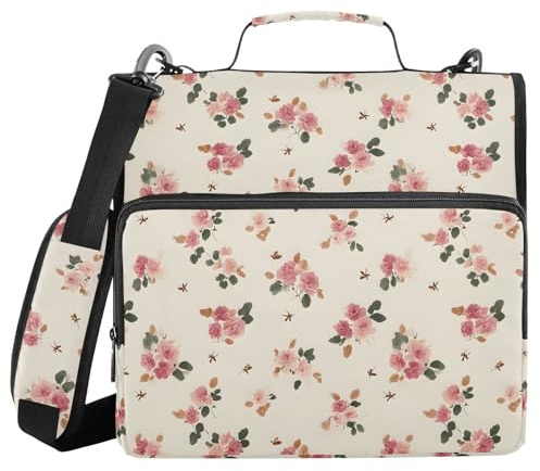 Ordner mit 3 Ringen, Reißverschluss, Retro, Blumenmuster, mit Schultergurt, 500 Blatt, Papier-Organizer, Dokumentenaufbewahrung, Aktenordner für Schule, Büro