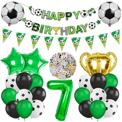 Fußball Luftballon 7. Geburtstag Deko Set, Football Luftballon Folienballon, Zahlen 7 Grün Folienballon, Fussball Banner & Stickers für Kinder Mädchen Junge 7 Jahre Birthday Party Dekorationen