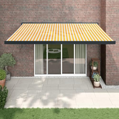 QJBSAVVA Marchese snodato giallo bianco 4 x 3 m tessuto per tende da sole resistente ai raggi UV con telaio in alluminio verniciato a polvere, protezione solare retrattile per terrazza, balcone e