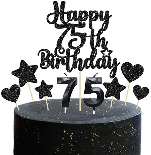 Gyufise 15Pcs Happy 75th Birthday Cake Topper Set with Heart Star Glitter Cheers to 75 Years Cake Picks Number 75 Candles Cake Decorations for Happy 75th Birthday Anniversary Party Supplies Black