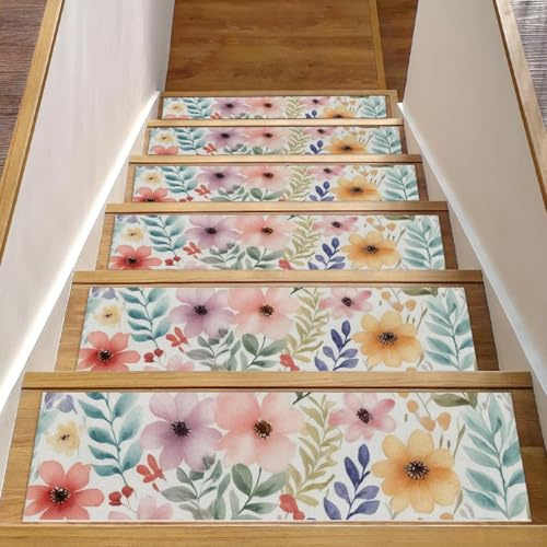 Stufenmatten mit Wildblumen-Aquarell-Muster, rutschfest, für Holzstufen, Innenbereich, 76,2 x 20,3 cm, Teppich-Stufenmatten für Kinder, ältere Menschen und Hunde, 15 Stück