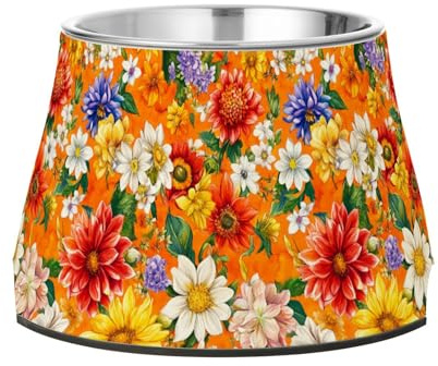 Flowers Dahlia Daffodils Orange Bowl for Pets Enhanced Stainless Steel Pets Basic Bowls for Slow Feed Cats Comfort Feeding