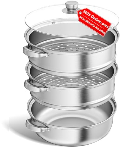 Vaporera de acero inoxidable de 28 cm con cesta vaporera, batería de cocina de 3/4/5 niveles con tapa para cocinar verduras, mariscos, sopas, guisos y pastas (3)