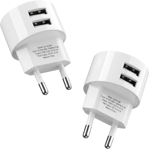 2 Doble Puerto Adaptador Enchufe USB 5V 2,1A Plano para Tomas y Alargadore | Adaptador Cargador para Smartphone Tableta Reproductore eBook Dispositivos USB Múltiples Doble Puerto de Carga Rápida Seguro