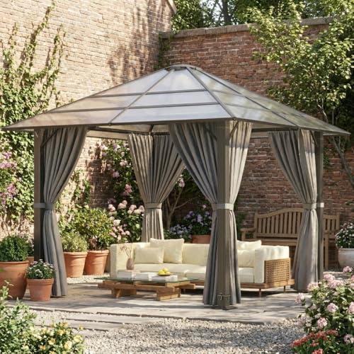JUMMICO Padiglione da Giardino 3x3m in Alluminio con Tetto Fisso - Design per Ombreggiatura di Giorno e Atmosfera Luminosa di Sera - Stabile e Resistente alle Intemperie