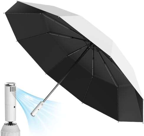 Paraguas con ventilador 3 velocidades Protección solar Paraguas de verano resistente a la lluvia Enfriamiento portátil recargable triple estable automático para playa, exterior (gris) para uso diario