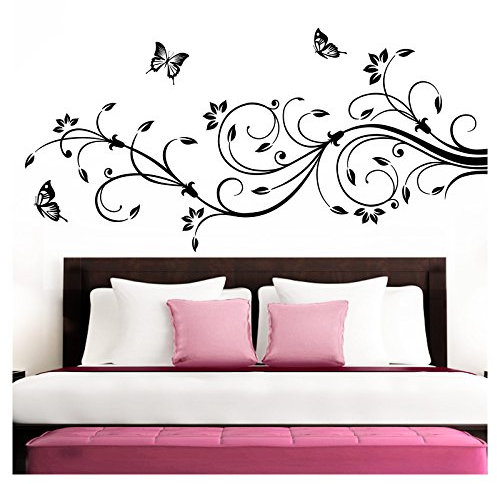 Grandora Wandtattoo XXL Blumenranken Schmetterlinge Blumen I schwarz (BxH) 90 x 39 cm I Schlafzimmer Liebe Flur Wohnzimmer modern Aufkleber Wandaufkleber W1073