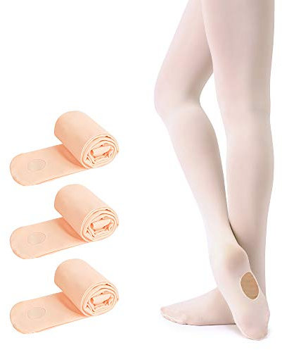 Soudittur Kinder Ballett Strumpfhose Convertible Tanz-Strumpfhosen mit Fersenloch 90D für Mädchen und Damen Rosa(3 Paar), Gr.- S (110-125 cm)